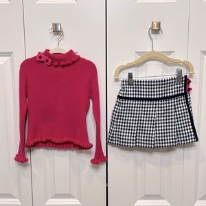 Florence Eiseman Magenta Sweater and Navy Gingham Skirt Set | 2-3T